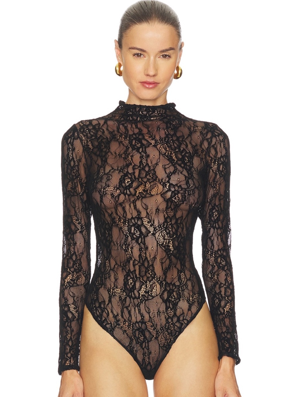 Good American Black Lace Long-Sleeve Sheer Bodysuit